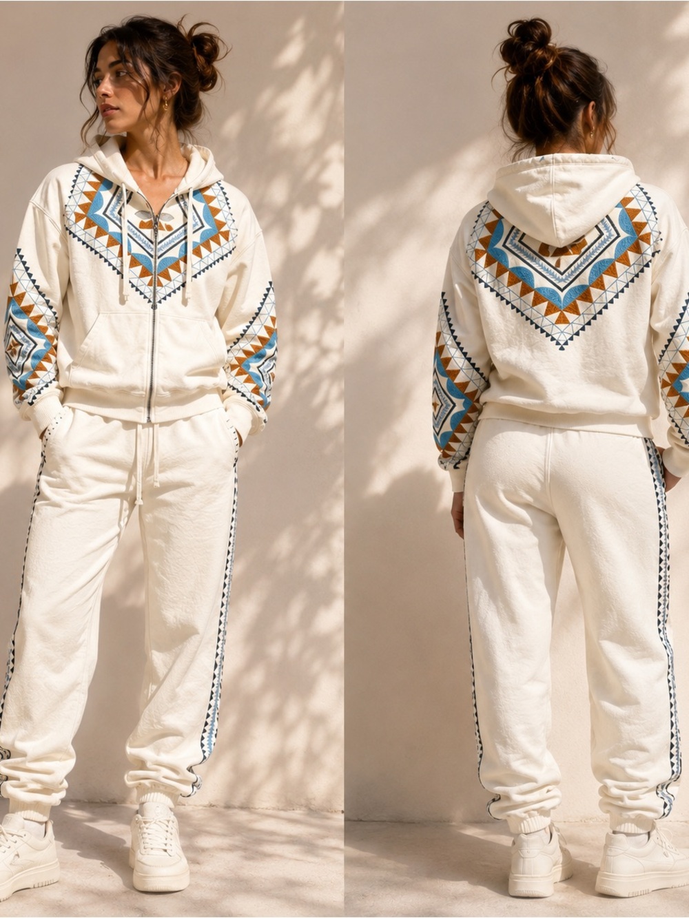 Sundance Embroidered Hoodie Sweatpants Matching Set Fleece Joggers Cream Women L